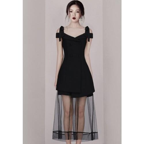 Sexy Tulle Slim Black Simple Party Dance Dress Summer A-Line New Fashion Womens Off Shoulder V-neck Waistband Slim Lace Dress