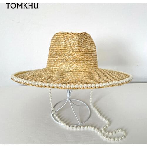 Vintage Summer Handmade Panama Jazz Hat Natural Straw Long Pearl Chain Casual Hat For Women Fedoras Cap Custom Chapeu Feminino