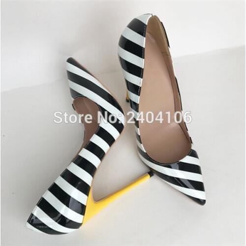 Shooegle Patent Leather Black and White Stripe Shoes Slip On Women Pumps Sapatos Mulher Pointed Toe Thin High Heels Plus Size 43