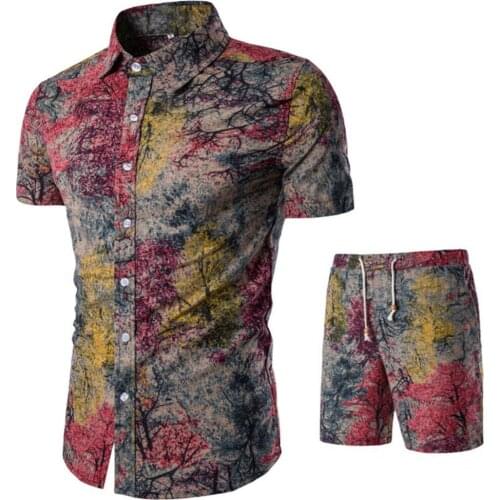 Summer Fashion Men Print Lapel Shirt Shorts Outfit Beach Shirt Set Button Closure for Daily Life