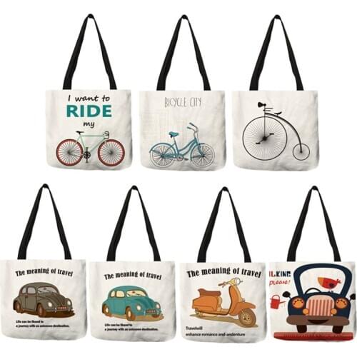 Unique Fresh Bicycle Style Female Shoulder Bag Travel Theme Letter Print Handbag Girl Students Portable Casual School Book Totes