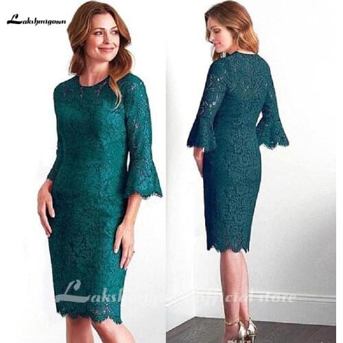 Dark Green Lace Mother of The Bride Dress Jewel Neck Half Sleeve Wedding Party Gowns 2021 Latest