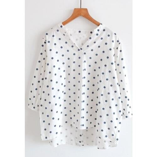 2020 New Summer Women Tops Korea Style Elegant Polka Dot Print Thin V-neck Loose Three Quarter Sleeve Blouse Women