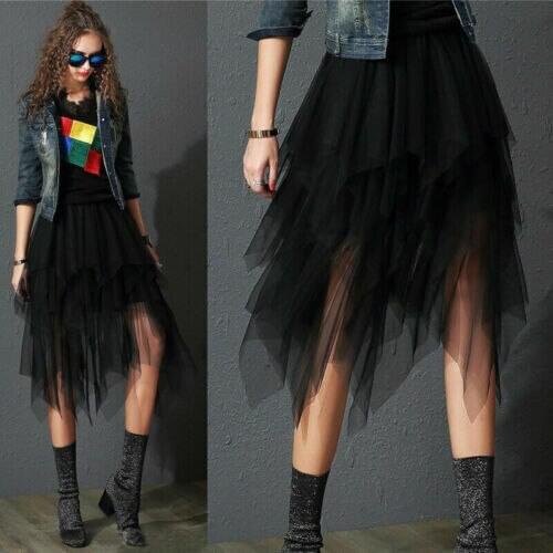 Lady 's Fashionable Sexy Solid Color Mesh Skirt, Irregular Elastic Tulle Bubble Skirt, Daily Life and Vacation y2k goth clothes