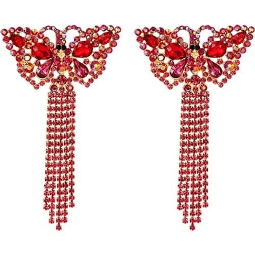 ZHINI New Fashion Cute Rhinestone Gold Color Butterfly Tassel Earrings for Women Simple Red Crystal Long Earring Jewelry Gift