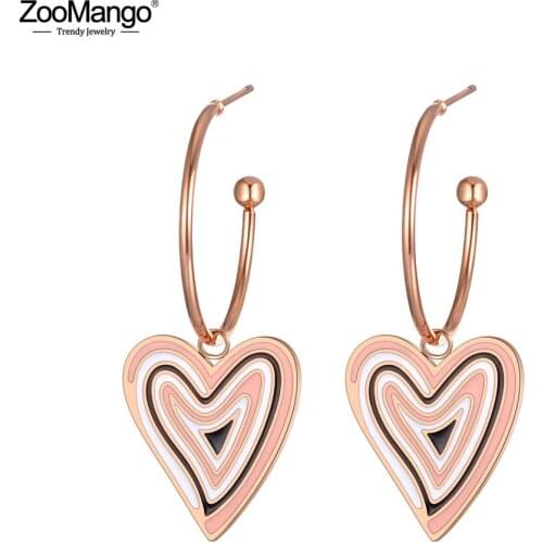 ZooMango Trendy White/Black Glaze Love Heart Titanium Stainless Steel Earrings Rose Gold Handmade Ear Jewelry For Women ZE19145