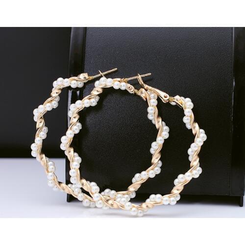 2020 Summer ZA Pearl Hoop Earrings for Women New Big Pendant Twistted Statement Freshwater Pearl Earrings Metal Jewelry Gifts