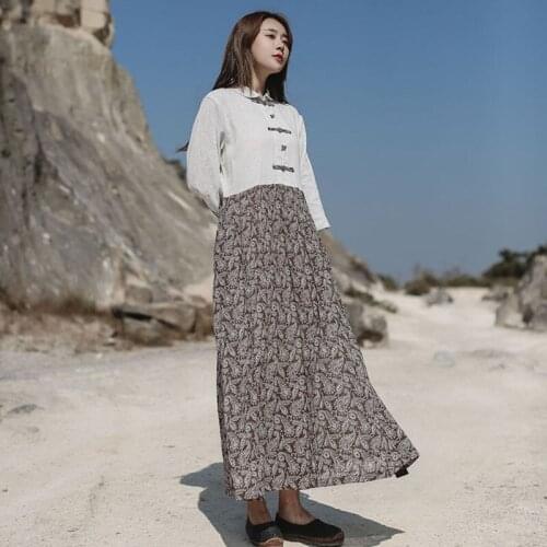 LZJN Women Spring Dresses 2020 Retro Cotton Linen Floral Patchwork Dress Elegant Frog Buttons Chinese Long Dressess