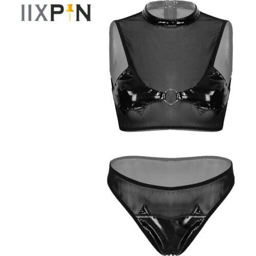 Womens Erotic Lingerie Set for Pole Dancing Mock Neck Sleeveless Top with Briefs Underwear Patent Leather Patchwork Sexy Costume