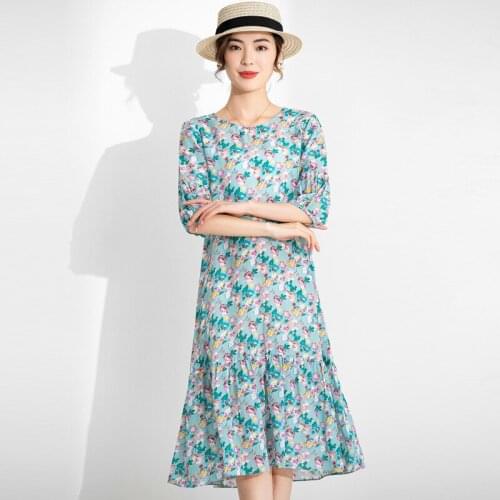 White silk printed blue small floral dress women round neck summer long work beach office sexy party luxury dresses plus size