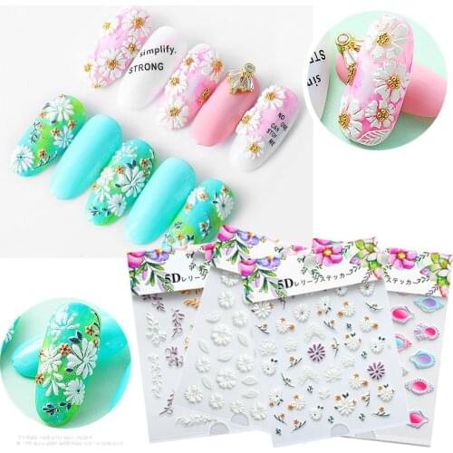 1pc 5D Acrylic Engraved Flower Nail Sticker Embossed Flower Leaves Nail Water Decals DIY Slider Design Nail Art Decoration Tools