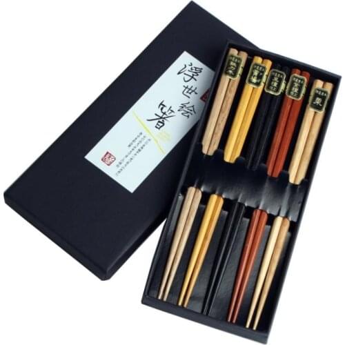 5pair/set (50SET) Chinese Wooden Chopsticks Tableware Anti-skid Household Wooden Set Chopsticks Holder Cutlery Gift Box SN3852