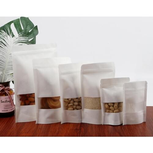 New Arrival 50pcs/lot Stand up White Paper Frosted Window Bag Snack Tea Packaging Bag White Heat Sealing Ziplock Storage Bags