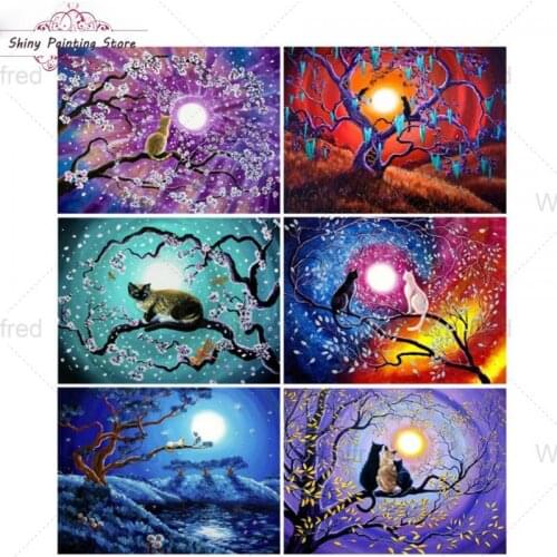5D Diamond Painting DIY Handmade Cat Under Moonlight Tree Colorful Light Picture Diamond Embroidery Cross Stitch Bead Embroidery