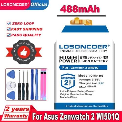 LOSONCOER C11N1502 488mAh Battery For Asus Zenwatch 2 WI501Q Smartwatch Battery 0B200-01630000 1ICP4/26/33 Li-ion Battery