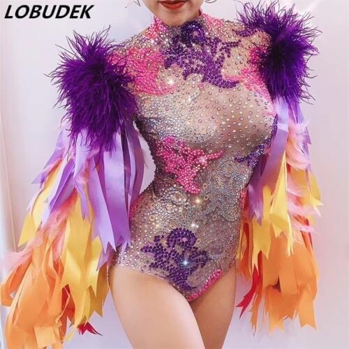 Colored Ribbon Tassel Rhinestones Bodysuits Crystal Bodysuit Female Singer Dancer Stage Wear Nightclub Party Concert DS Costume