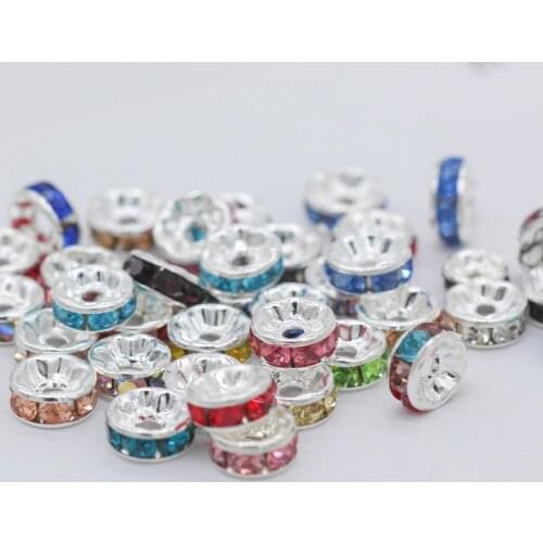 100p colors 6mm 8mm silver plated Metal Rhinestones Rondelle Crystal beads Spacer loose Beads for DIY jewelry making accessories