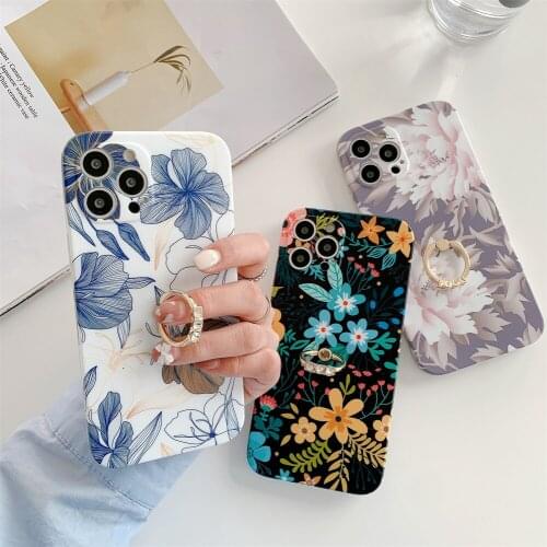 Finger Ring Holder Flower Leaf Phone Case For iphone 12 11 Pro XS Max X XR 7 8 Plus SE 2020 Camera Lens Protection Back Cover