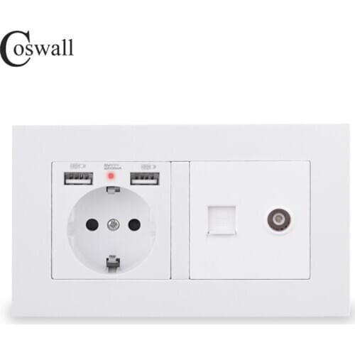 COSWALL EU Wall Socket Grounded With 2 USB Charge Port Hidden Soft Backlight + Female TV & CAT5E RJ45 Internet Outlet PC Panel