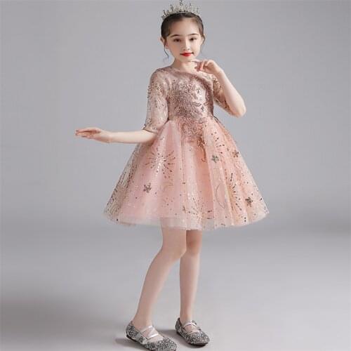 Baby Kids Elegant Sweet Pink Color Birthday Wedding Party Princess Mesh Dress Little Girls Half Sleeves Piano Host Ceremony Wear