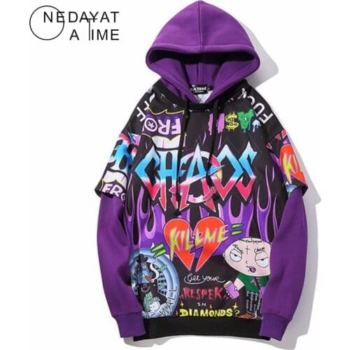 Color Block Graffiti Hoodies Men Fleece Pullover Harajuku Cartoon Sweatshirt Autumn Fashion Casual Purple Streetwear Hooded Tops