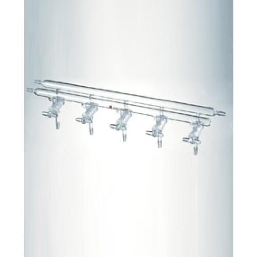 M290004 Manifold, High vacuum solid glass stopcocks, Number of ports:4 Overall width:375mm front-left and rear-left-right