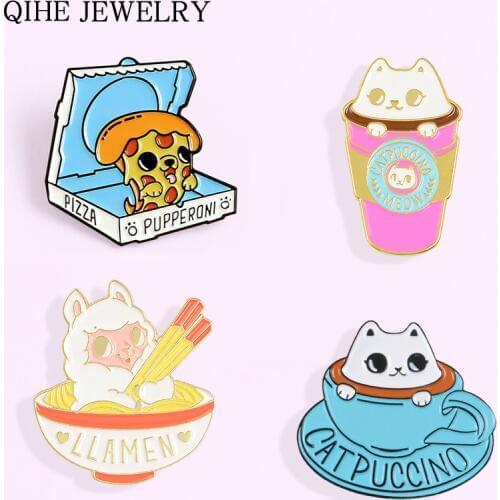 Animal Food Enamel Pins Coffee Cup Cat Alpaca Ramen Pizza Puppy Brooches For Women Men Cartoon Badge Lapel Pin Gift Wholesale
