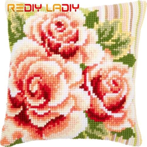 Cross Stitch Cushion Cover Pink Roses Pillow Case Pre-Printed Canvas Thick Yarn Cross-stitch Kits Needlepoint Arts and Crafts