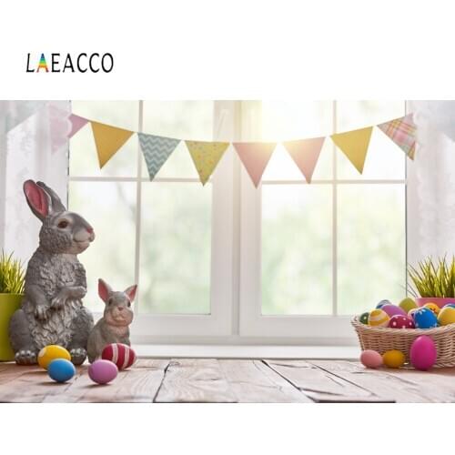 Laeacco Easter Eggs Backgrounds Rabbit Bunny Gray Window Sill Flag Party Baby Portrait Photo Backdrops For Photo Studio