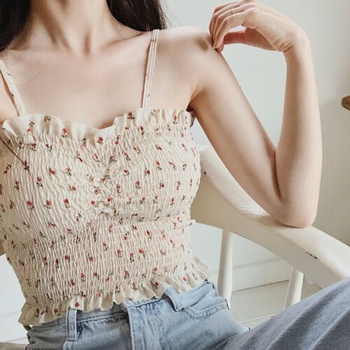 2020 Summer Sexy Floral Printed Crop Top Pleated Camisole Women Ruffled Slim Korean Vest Woman Backless Sweet Suspenders Womens