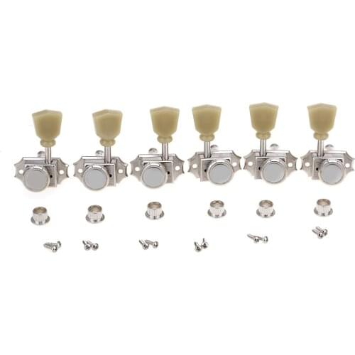 Musiclily Pro Vintage Hybrid 3L3R Guitar Locking Tuners Tuning Pegs Set for Electric Acoustic Guitar, Nickel with Green Button