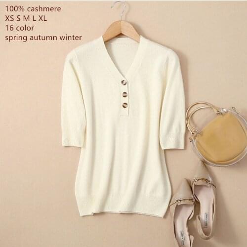 Naizaiga 100% cashmere v-neck solid button solid women half-sleeve women spring autumn sweater , DLRP103