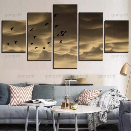 Thick Dark Clouds Sky Flying Bird Wall Painting 5Pcs Abstract Weather Decoration Custom Frameless Canvas Print Poster
