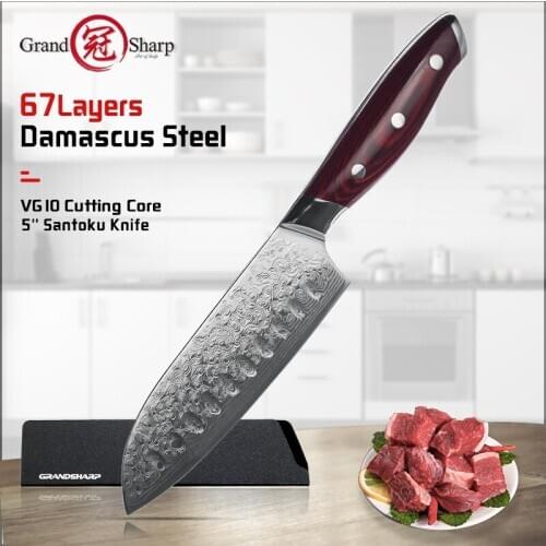 Grandsharp 5Inch Santoku Chef Knife Kitchen Knive Japanese Damascus VG10 Steel Razor Sharp Blade Meat Cutting Tool Pakka Handle