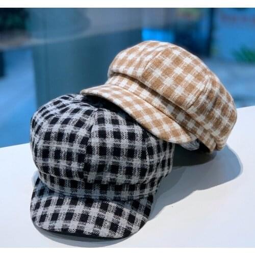 Autumn Winter Hats For Women Check Octagonal Caps Ladies Casual Woolen Hat Winter Beret Women Cap