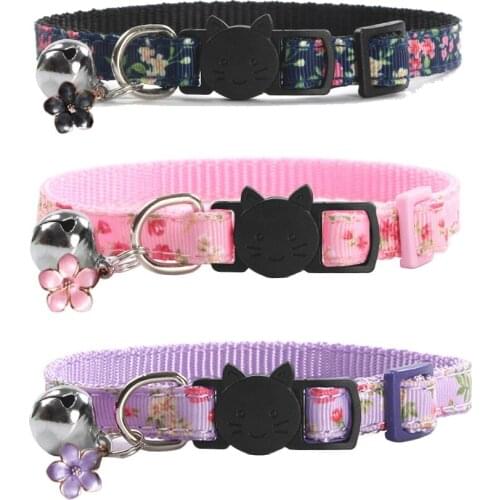 Cat Collar with Bell and Flower Pendant Colorful Floral Patterned Safety Quick Release Kitten Collars Soft Strong Nylon Strip