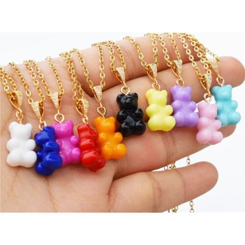 Rainbow Colorful Jelly Teddy Bear Charm Necklace Hip Hop Gummy Pendant Crystal Gold Color Choker Chain Necklace Jewelry