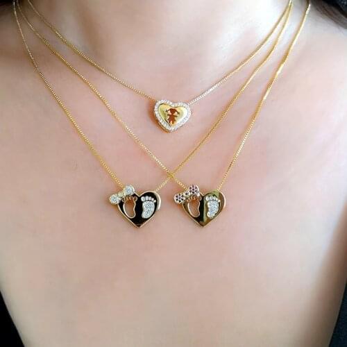 Lovely boy girl Baby Footprint Pendant Necklace For Women gold color chain Cute Red bow Son Daughter kids heart Jewelry Mum Gift