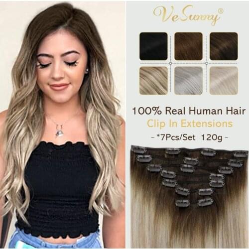 VeSunny Human Hair Extensions Clip In Blonde Thickened Double Weft Brazilian Hair 120g/7pcs Remy Hair Full Head Silky Straight
