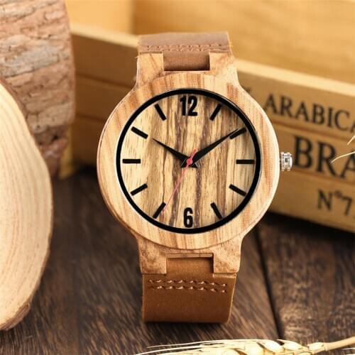 Vintage Stylish Zebrawood Case Mens Genuine Leather Wrist Watch Red Seconds Quartz Movement Natural Wooden Clock Gifts Male