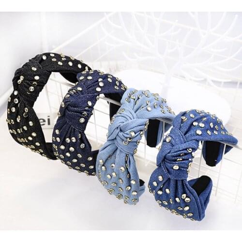 Vintage Jewel Rhinestone Denim Hair Band For Women Knot Turban Headband Girls Hair Accessories haar accessoires opaska bandeau