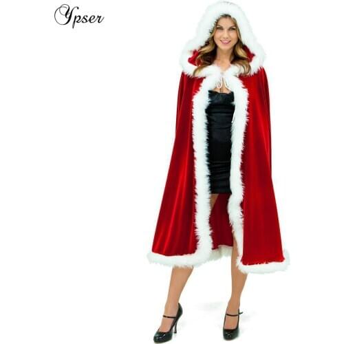 Ypser 2018 Christmas Costume For Adult Women Hooded Christmas Red Cloak Mrs Santa Claus Velvet Fur Cloak Capa