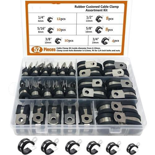 Cable Clamp,52pcs Rubber Cushion Insulated Clamp.Stainless Steel Metal Clamp (Assortment Kit 3)