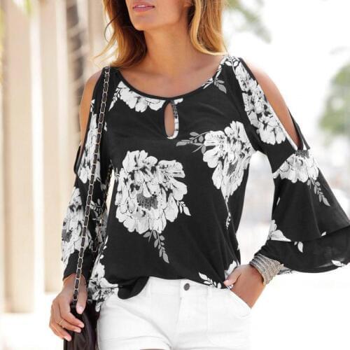 2019 New Black Casual Floral Women Tops And Blouses Summer Slash Neck Hollow Out Flare Sleeve Women Print Beach Style Blouse