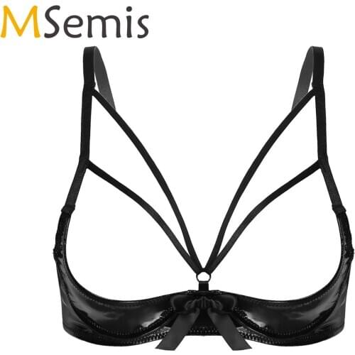 Womens Sissy Open Cup Leather Bowknot Underwired Exotic Bra Tops Adjustable Shoulder Strap Bras Vest Tops Lingerie Underwear