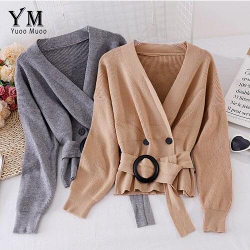 YuooMuoo Elegant Sash Bandage Autumn Cardigan Sweater 2020 V Neck Ins Fashion Women Cardigans Casual Long Sleeve Cardigan Coat