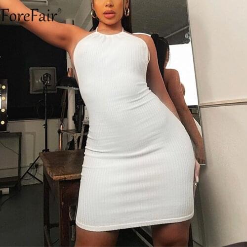 Forefair 2021 Summer Sexy White Women Dress Halter Neck Backless Off Shoulder Knitted Mini Bodycon Sleeveless Club Party Dresses
