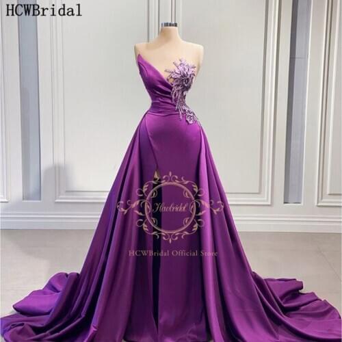Purple Long Formal Evening Dress Sweetheart High Slit Sexy Prom Gown With Detachable Train Arabic Women Wedding Party Dresses