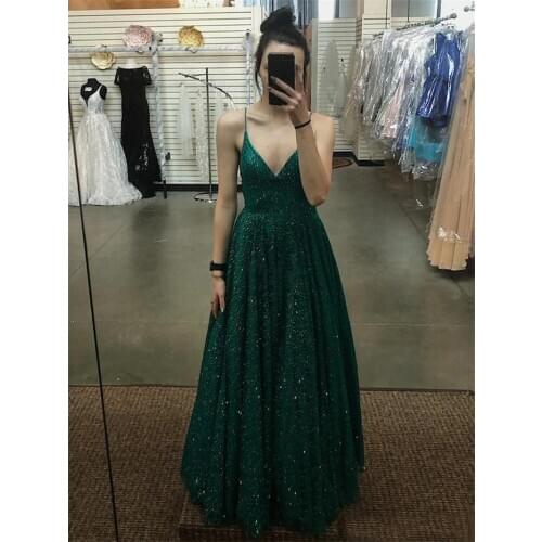 2021 Green Sparkly Glittery Prom Dresses Long Double V Neck Spaghetti Straps Formal Evening Party Ball Gown Robe De Soiree