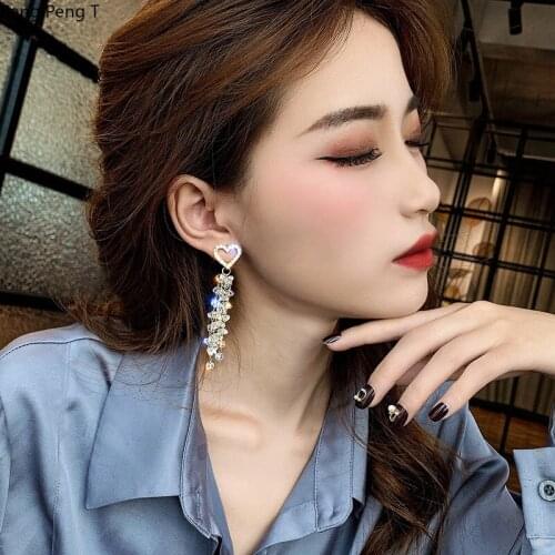 2021 High grade shiny mesh red temperament Rhinestone Earrings female Earrings Love crystal Tassel Earrings